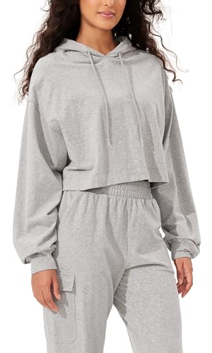 ODODOS Purevibe Cotton Cropped Hoodies for Women Long Sleeve Pullover Crop Hooded Sweatshirts, Heather Gray, Medium