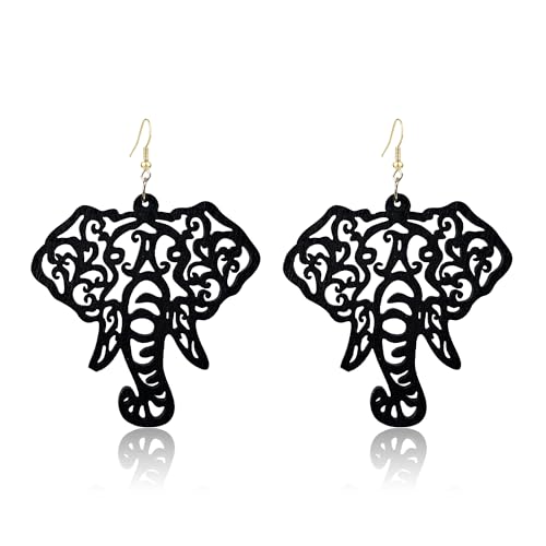 KaFu Wooden Elephant Earrings for Women Bohemian Wood Elephant Dangle Earrings African Ethnic Wood Geometric Statement Earrings Jewelry (black)