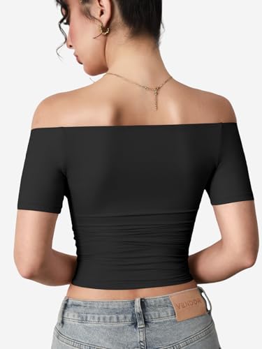 YEOREO Sophie Women Off Shoulder Crop Top Summer Short Sleeve T-Shirts Y2K Double Lined Fit Basic Tee Going Out Cute Tops3