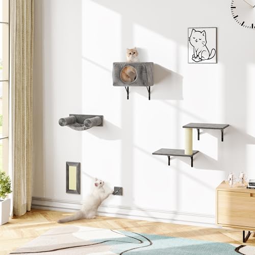KAMABOKO Cat Wall Furniture, Wall Mounted Cats Climber, 5pcs Cats Wall Shelves, Cat House, Hammock, Tree, Steps, Perches, Scratcher, and Toy Ball, Pet Furniture for Indoor - Dark Grey