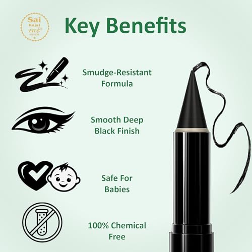 Image of Sai Baby Kajal Stick for Newborn 2.7g | 100% Natural & Chemical-Free | Dermatologically Tested & Safe for Babies Sensitive Eyes| Organic Ayurvedic Formulation infused with Desi Cow Ghee & Herbal Oils | Smudge-Proof & Water-Resistant | Safe for Newborns & Kids (Pack Of 1)