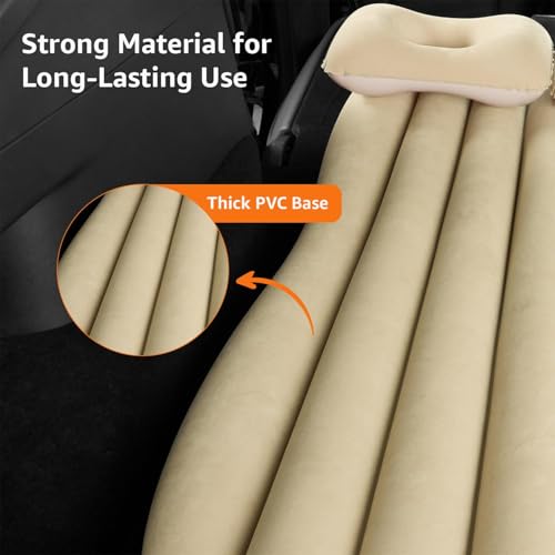 Image of Car Inflatable Bed for Back Seat, Portable SUV Air Mattress with Electric Pump, Thick Flocked Surface, Travel Sleeping Mattress for Camping, Road Trips, Outdoor Adventures (Cream)