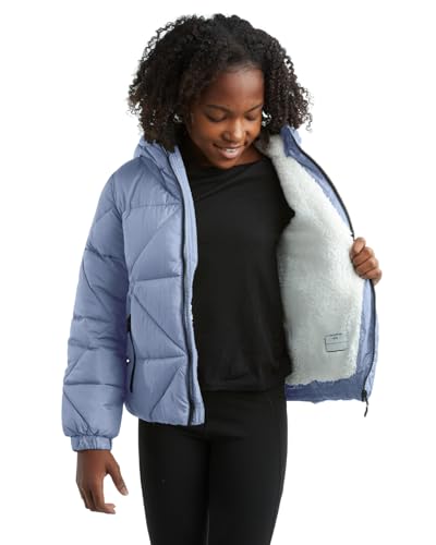 Image of Reebok Girls Heavyweight Quilted Cropped Puffer Parka with Sherpa Lining | Plush Faux-Fur Trim, Wind-Blocking Hood, Deep Pockets for Warm Hands, Modern Silhouette for School and Cold Days