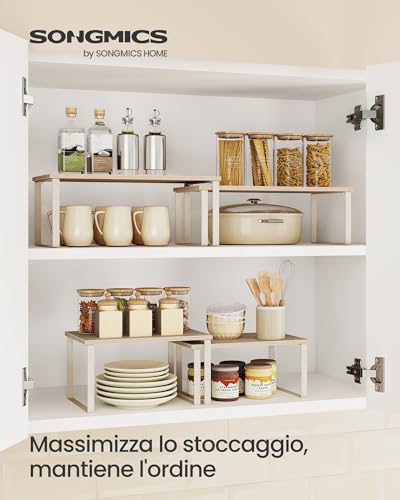 SONGMICS Scaffale Portaspezie, Set di 2 Organizzatori da Cucina Espandibili, Scaffale da Cucina Impilabile, Metallo e Legno Ingegnerizzato, Beige Travertino e Bianco Crema KCS020L01 - Immagine 1