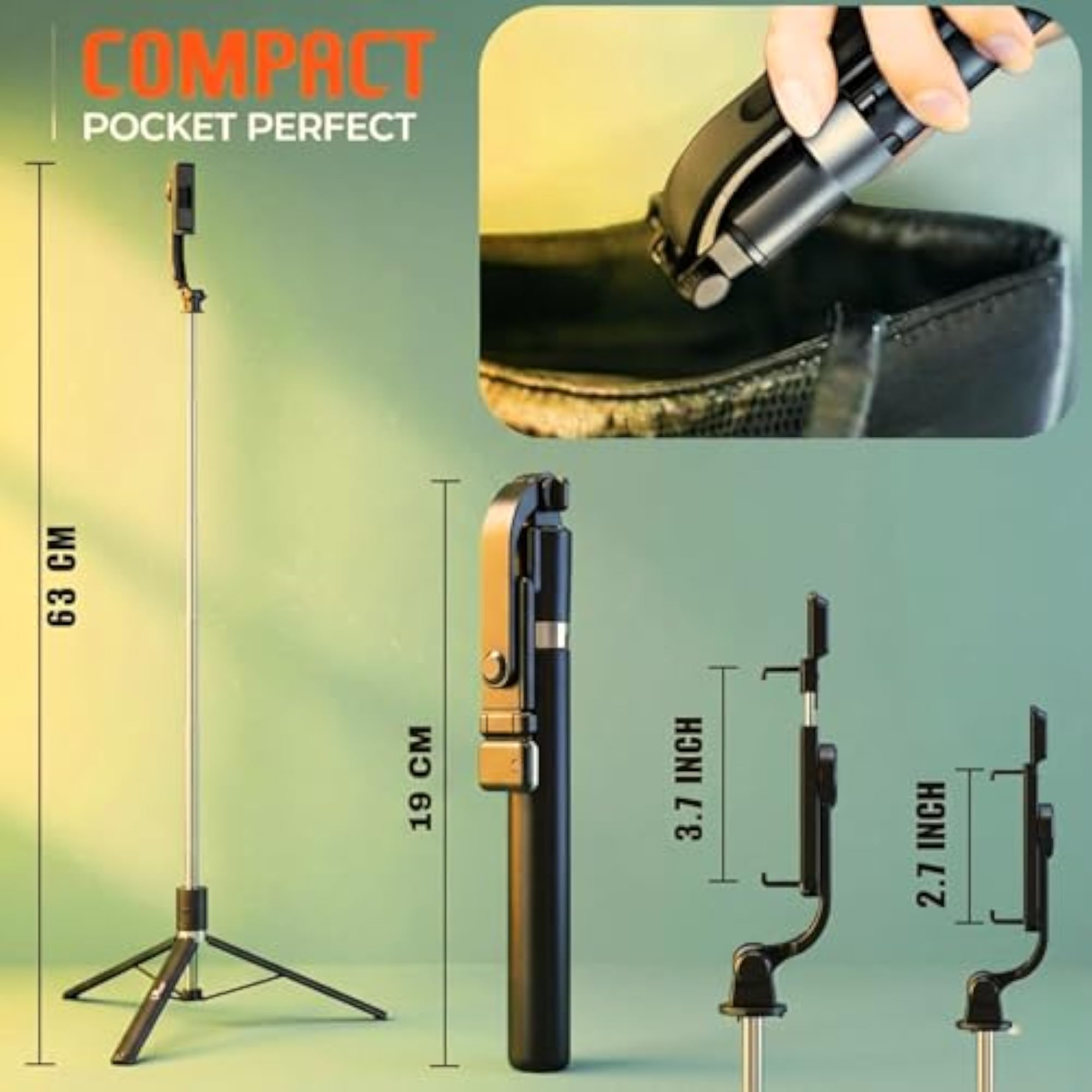 Selfie Stick Tripod 25 Inch with Bluetooth Remote & Light