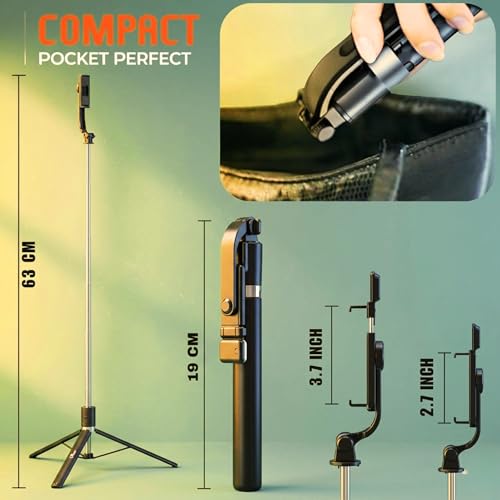 Image of Selfie Stick Tripod 67cm with Bluetooth Remote & Light (4 FT) | 3-in-1 Multifunctional, Foldable Design, Metal Build, Smartphone Compatible, 1 Year Warranty