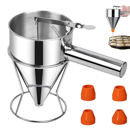 Distributeur de Pâte 600 ml, Entonnoir a Piston Inox, Support et 4 Buses Différentes, Distributeur de Pate pour Les Gâteaux, Entonnoir de Cuisine en Acier Inoxydable pour, Crêpes, Gâteaux