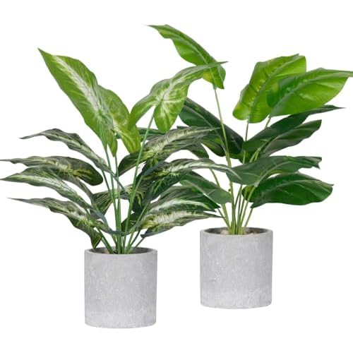 Der Rose 2 Pack Fake Plants Artificial Tropical Faux Plants Indoor for Office Desk Home Sage Green Decor Taro Leaf and Greenery Leaf