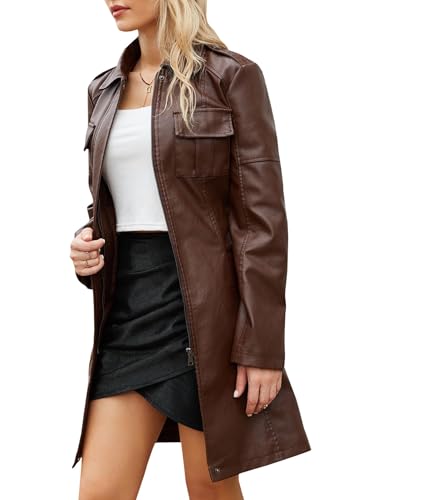 SOMTHRON Women's Mid Length Faux PU Leather Trench Coat Long Sleeve Zip Up Lapel Long Jacket Overcoat with Belt2