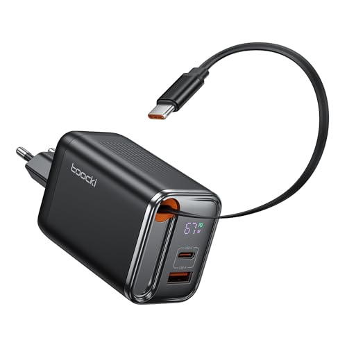 toocki USB C Ladegerät, 3Port GaN Mehrfach Ladegerät mit Schnell Einziehbares Ladekabel,67W USB C Netzteil mit LED Display für MacBook,iPhone 16 Pro Max,Galaxy S24 Ultra/S23,Switch,Laptop,Handys usw