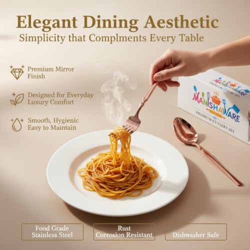 Image of Classic Rose Gold 4 Pcs Stainless Steel Cutlery Set for Dining Table, Dishwasher Safe Glossy Flatware (Perfect Spoon Fork Set)