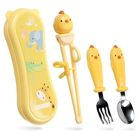 Training Chopsticks Set for Kids and Beginners - 1 Pair Chopstick + Scoop + Knife with Attachable Learning Chopstick Helper - Right Handed Only (Yellow) Cover