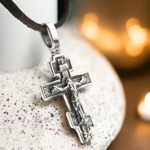925 Sterling Silver Orthodox Cross Necklace for Men Women - Handmade Crucifix Jesus Christ Pendant with Christian Prayer - Unique Religious Jewelry Gift2