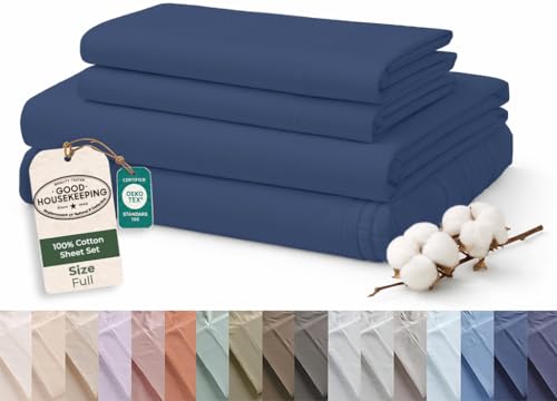 Image of ROYALE LINENS 100% Organic Cotton Full Sheet Set - 16 inch Deep Pocket Bed Sheets - Eco Friendly Navy Bed Sheets - Sabanas Full - 1 Flat, 1 Fitted & 2 Pillowcases - Navy Sheet Set - Cotton Bedding Sets