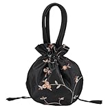 DELORIGIN Ethnic Style Flower Handbag Black Embroidered Drawstring Bags Jewellery Gift Bags for Women Makeup Bags Organiser for Cosmetic Utensils Storage Bag Travel Party Cosmetic Bag Purse