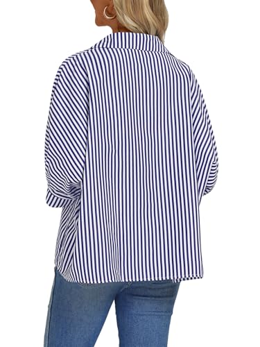 Vrtige Women's Casual Stripe Button Down Collar V Neck Half Sleeve Loose Blouse Shirt Top2