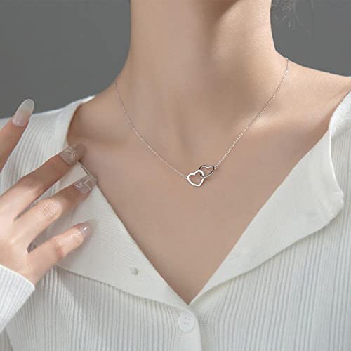 Collier de Double Coeur en Argent Sterling 925 Authentique pour Femmes Romantiques