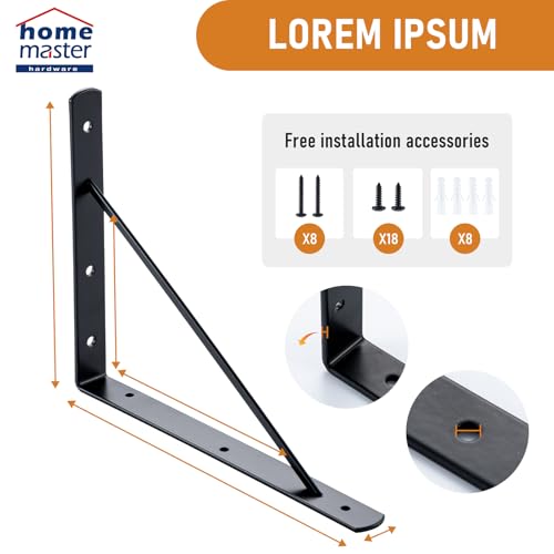 HOME MASTER HARDWARE 10 x 8 in Shelf Brackets, 90 Degree Triangle Wall Mount Angle L Bracket for Floating Shelves, Metal Support w/ Screws, 10 Pack Black by HOME MASTER HARDWARE - Used condition - Image 3