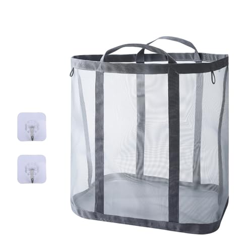 ランドリーバッグ 洗濯かご 洗濯カゴ 折りたたみ ランドリーバスケット メッシュ 大容量 おしゃれ 通気性 超軽量 洗濯バッグ 洗濯物入れ せんたくものかご フック付き 持ち手付き 持ち運び可能 家庭用 脱衣所収納 旅行 キャンプ laundry bag （グレー１PCS)