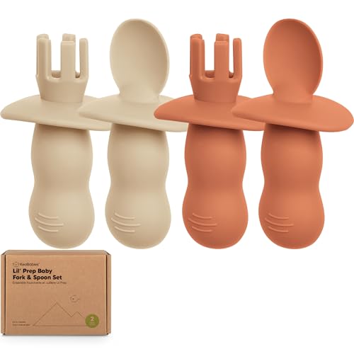 Image of KeaBabies 4-Pack Silicone Baby Spoons and Forks Set - Baby Led Weaning Utensils 6-12 Months, Self Feeding Toddler Spoon & Fork for Training, Teething, Easy to Hold, BPA-Free Silicone (Terracotta)