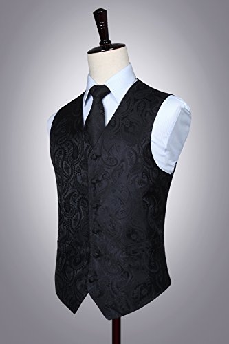 Hisdern Men's Classic Black Vest Tie Set Paisley Printed Jacquard Necktie Pocket Square Handkerchief Waistcoat For Wedding Prom Dress Or Tuxedo #TOP5