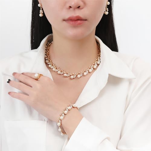 la luen Pearl Bride Wedding Jewelry Set Faux Pearls Crystal Rhinestone Necklace Earrings Bracelet Sets for Women Bridesmaid(3 PCS)2