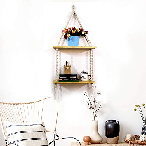 Image of VAH- Kya Bat Hai !! Macrame Wall Hanging, Real Pine Wood Storage Shelves Wall Shelf (2 Layer)