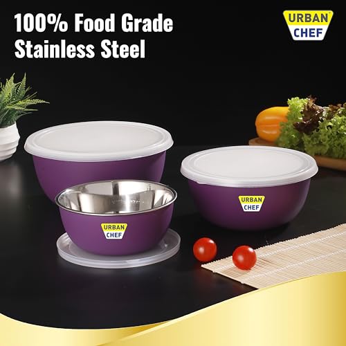 URBAN CHEF Mixing Bowl Set of 3 Stainless Steel (500ml, 800ml,1250ml) | Microwave Safe & Dishwasher Safe | Bowl Set with Lid for Gift | Bowls for Snacks | Serving Bowls Kitchen Accessories -Purple