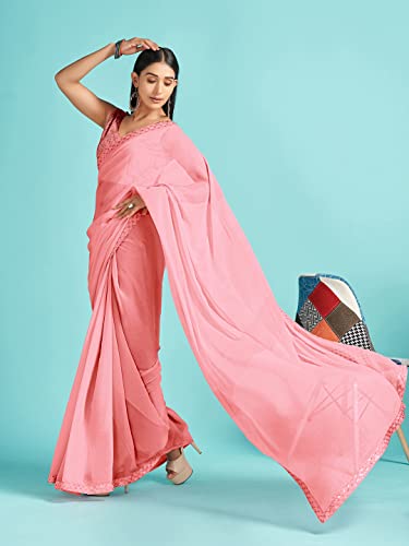 Image of AKHILAM Women's Black Embellished Georgette Saree With Unstitched Blouse Piece