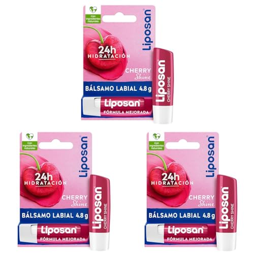 Liposan Cherry Shine (1 x 4,8 g), cacao de labios con olor a cereza, bálsamo labial con color, bálsamo hidratante para unos labios bonitos, suaves y jugosos (Paquete de 3)