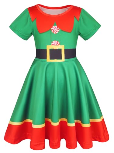 WonderBabe Toddler Girls Christmas Dress Clothes Casual Cartoon Christmas Print Short Sleeve Dresses Girls Sundress Size 5-6t Green