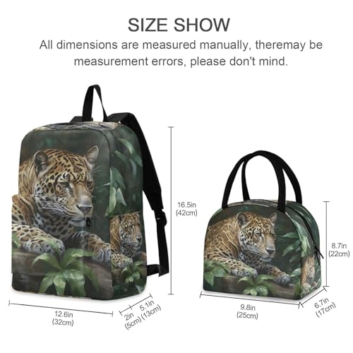 Backpack Lunch Box Set Large Capacity Travel Backpacks and Insulated Lunch Bag for Commute Hiking Picnic Leopard in Jungle Print2