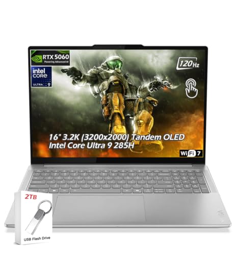 Image of Lenovo Yoga Pro 9i Laptop, Intel Ultra 9-285H, 32GB LPDDR5x RAM, 1TB SSD, 16 inch 3.2K(3200x2000) Tandem OLED Touch, GeForce RTX 5060, WiFi7, Backlit KB, Win11, Luna Grey, w /2TB USB Drive, W /GaLiMu