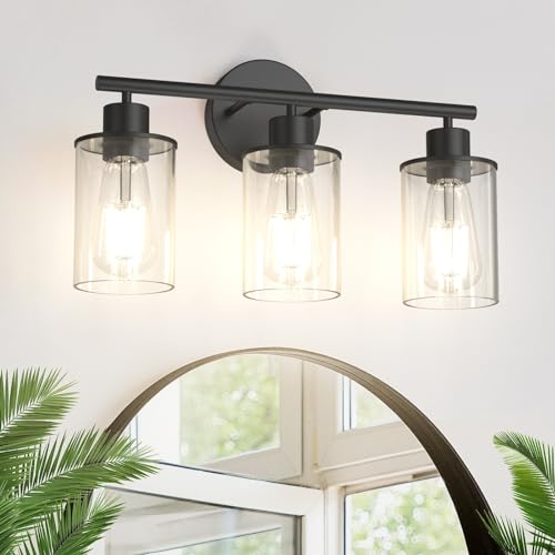 Image of Aipsun Bathroom Vanity Light Farmhouse 3 Light Matte Black Vanity Lighting Fixtures with Clear Glass Shade(Exclude Bulb)