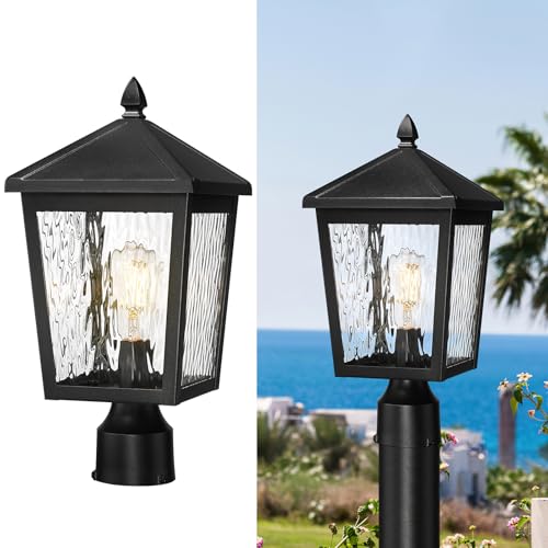 Image of zeyu Large Lamp Post Light Fixture, 16.1 Inch Outdoor Post Lamps for House Garden, Die-Cast Aluminum with Water Ripple Glass, Black Finish, 20076P BK-WP