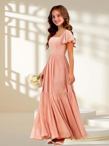 Chiffon Flower Girls Dresses Slit Ruffle Junior Bridesmaid Dress Square Neck Girls Wedding Party Dress4