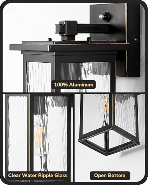 EDISHINE 2 Pack Outdoor Wall Light, Dusk to Dawn Exterior Light Fixture, Modern Porch Light Wall Mount Sconce, Clear Water Ripple Glass, Black Metal Outside Wall Lantern for Front Door Garage Patio