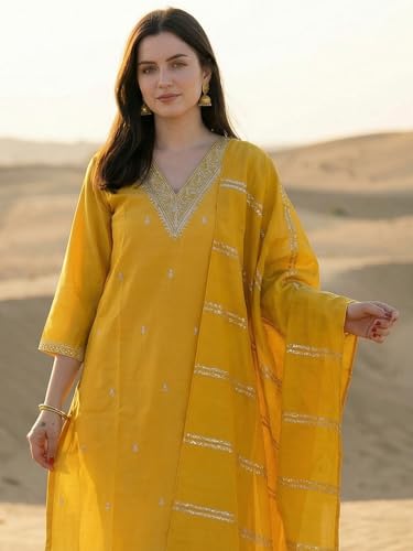 Image of INDO ERA Solid Straight Pure Cotton Kurta with Pant & Dupatta Set for Women