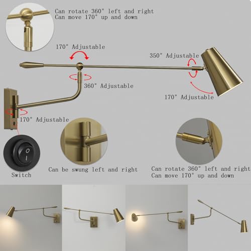 Image of Rotatable Activity Adjustable Direction Swing Arm Wall Lamp, Dual Power Modes Plug-in /Hardwired, Indoor Large Gold Wall Mounted Lights for Bedroom Living Room Dining Room, E26 Bulb