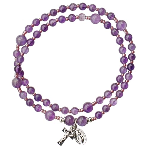 Sine Cera Amethyst 5 Decade Catholic Twisting Rosary Bracelet for Women, Lusterous Pewter Crucifix and Miraculous Medal, Durable Strech Design with 4mm Smooth Stone Beads