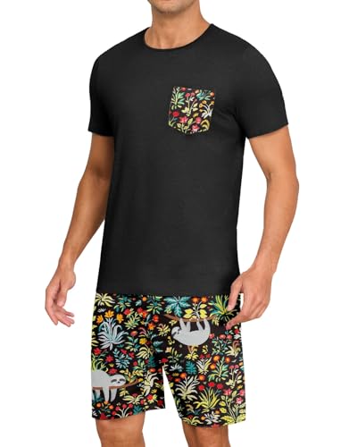 Image of PrinStory Mens Summer Pajamas Set Lightweight Pjs Sets Short Sleeve Pajama Shorts Set Soft Sleepwear Loungewear with Pockets