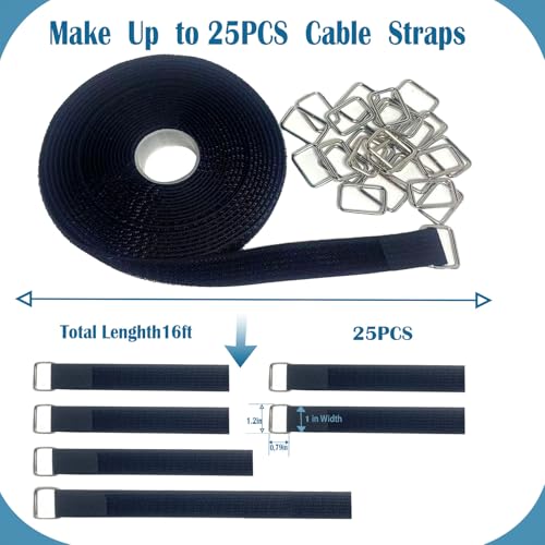 Image of 1 inch x 16ft Nylon Hook and Loop Straps with 25 Metal Buckles。Reusable Adjustable Strips Freely Cut-to-Length Straps for Organizer or Storage Straps Black
