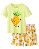 UNICABBIT21 Yellow Pineapple Summer Pajamas for Girls Big Kids Cute Cartoon Nighty Sleepwear 2-Piece Short Sleeve Set Size 14