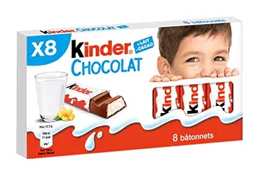 KINDER Chocolat - Barres chocolatées fourrées au lait 8 barres 100g - Le paquet de 8 barres.