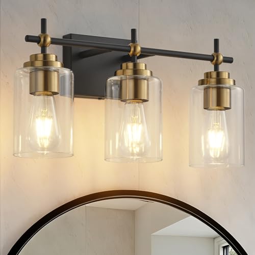 Image of SOLFART Bathroom Lighting Fixtures Over Mirror: 3-Light Black and Gold Vanity Lights Clear Glass Shades(Bulbs Not Included)