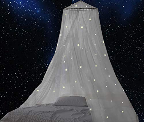BCBYou Bed Canopy Mosquito Net with Fluorescent Stars Glow in Dark for Baby, Kids, and Adults, for Cover The Baby Crib, Kid Bed, Girls Bed Or Full Size Bed (White)