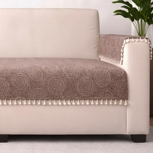 Image of STITCHNEST Woven Fabric Sofa Cover 2 Seater with 2 Hand Rest Covers - Washable Beige Sofa Cover with Tassels - Durable Premium Fabric - Stylish Sofa Protector for Living Room & Furniture Decor