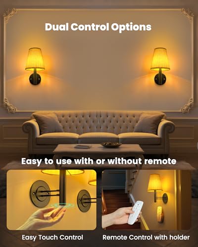 Image of TECOMLIGHT Rechargeable Battery Operated Wall Sconce Set of 2, Wireless LED Wall Lights with Remote & Touch Control, Wall Mounted Lamp Lighting Fixtures for Bedroom Living Room, Matte Black