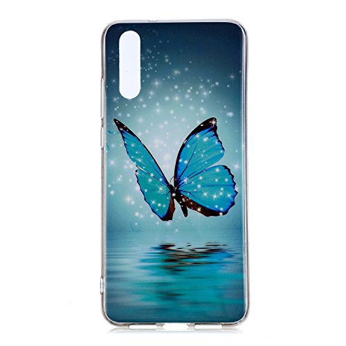 DasKAn Luminosa Custodia per Huawei P20 PRO,Fluorescente Colorato Arte Pittura Nottilucente Glow in Dark Cover Antiurto Flessibile TPU Silicone Custodia Protettiva per Huawei P20 PRO,Farfalla Blu