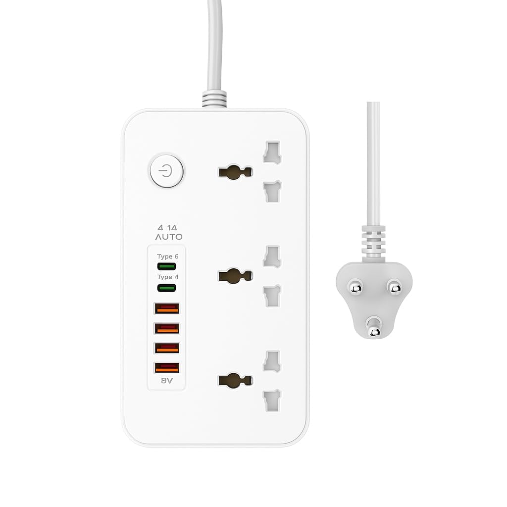 Extension Board, Power Strip with 4 USB Ports and 3 Universal Socket, 2500W 10A Extension Cord, 3-Pin Surge Protector Power Strip for Home, Office, Computer, Mobile Charging (Z65-White)-image-40